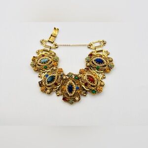 Vintage Victorian Revival Gold Tone Rhinestone & Faux Pearl Bracelet